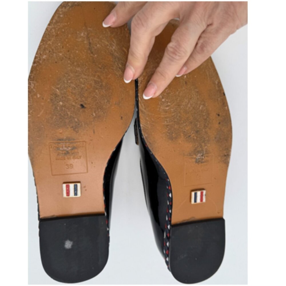 Thom Browne Black Patent Leather Loafers with Red White and Blue Trim - Picture 7 of 9